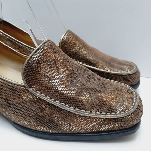 AMALFI Snake Pattern Square Toe Penny Loafer Chunky Block Heels Tan Gold Sz 7.5 - Picture 4 of 12